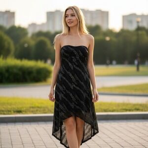 Vtg Whimsigoth Black Beaded Strapless Hi-Low Sparkle Dress LARGE Empire Waist